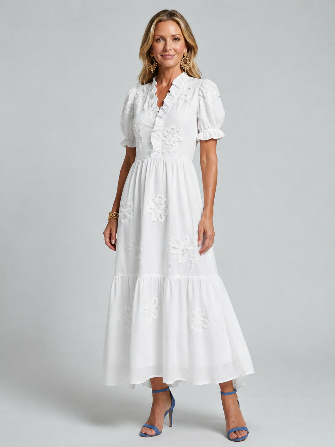Blossom | Embroidered Ruffle V-Neck Puff Sleeve Dress