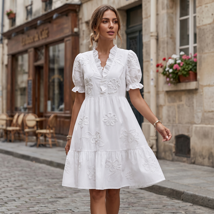 Blossom | Embroidered Ruffle V-Neck Puff Sleeve Dress